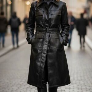 Women's Jason Wu Black Croc Embossed Faux Leather Long Trench Coat L Edgy Jacket